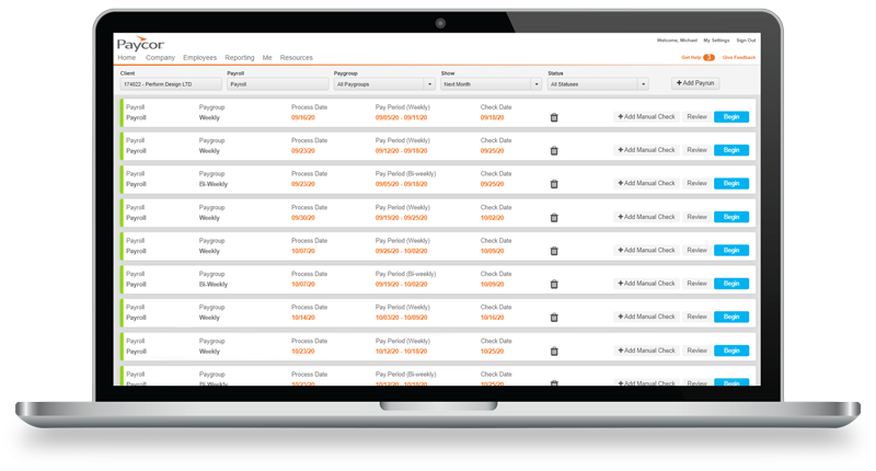 payroll software screen on laptop